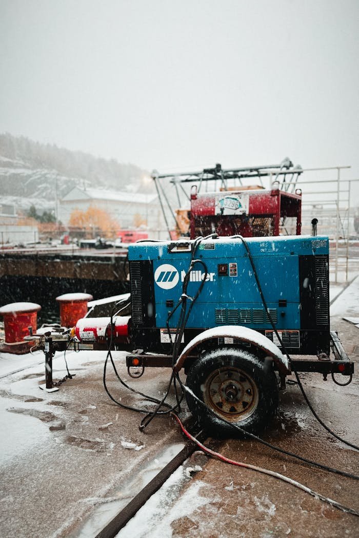 our-story Industrial generator on wheels in a snowy outdoor environment with equipment backdrop.